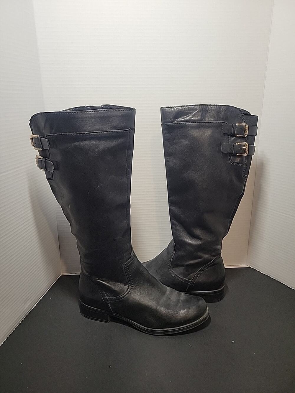 Guess Tall Leather Riding Boot Black Gold Buckle Accent Womens 8.5M